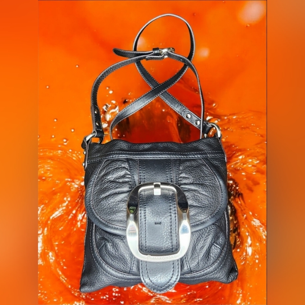 B. Makowsky Black Pebbled Leather Crossbody Bag With A Large Silver Tone Buckle